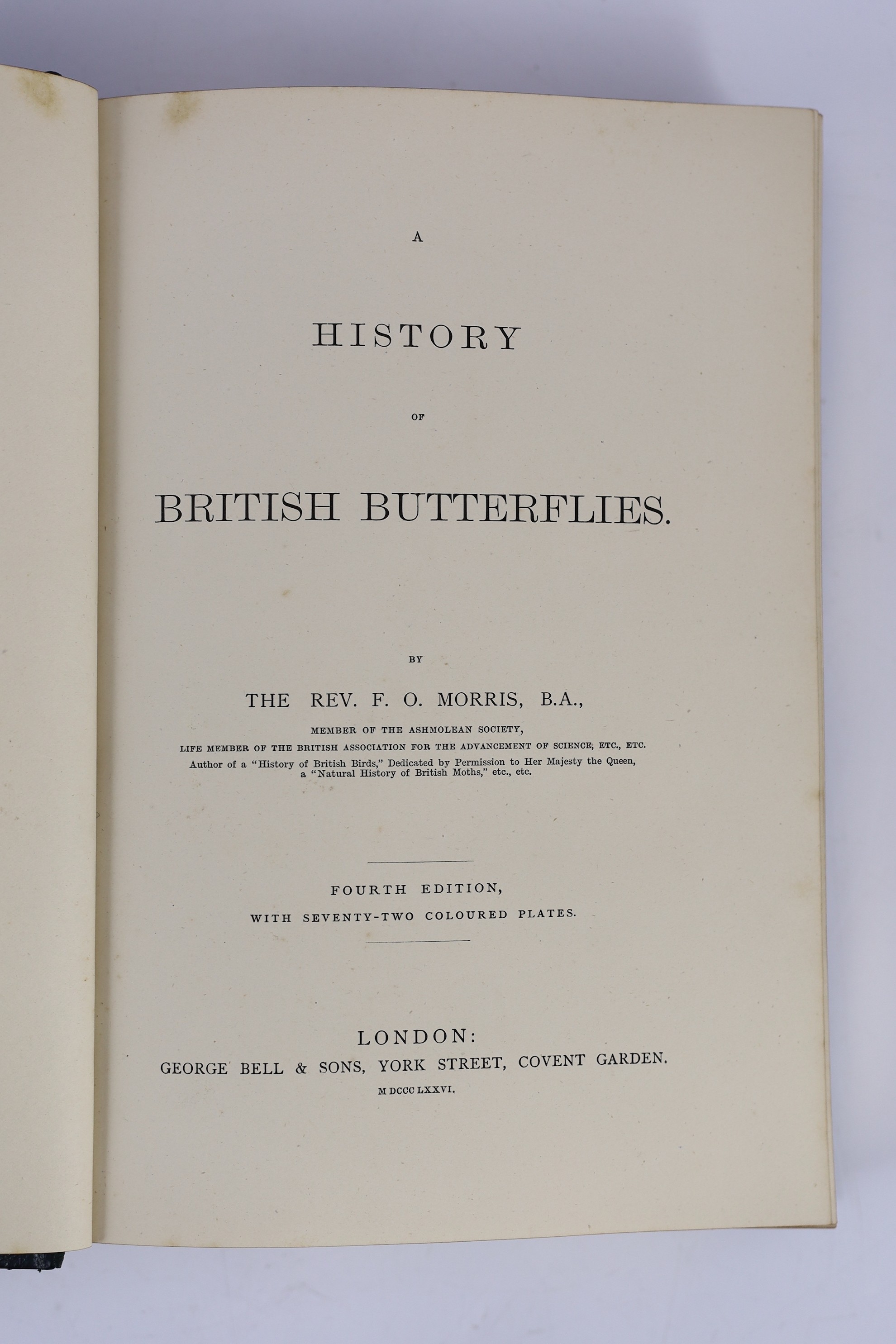 Morris, Rev. Francis Orpen - A History of British Butterflies. 4th edition. 72 hand coloured and 2 other plates. contemp. half morocco and marble boards, gilt decorated and panelled spine, ge. and marbled e/ps., 4 to. 18